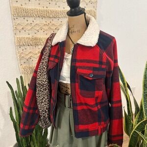 Red and navy plaid sherpa collar jacket with pockets cabincore western trucker